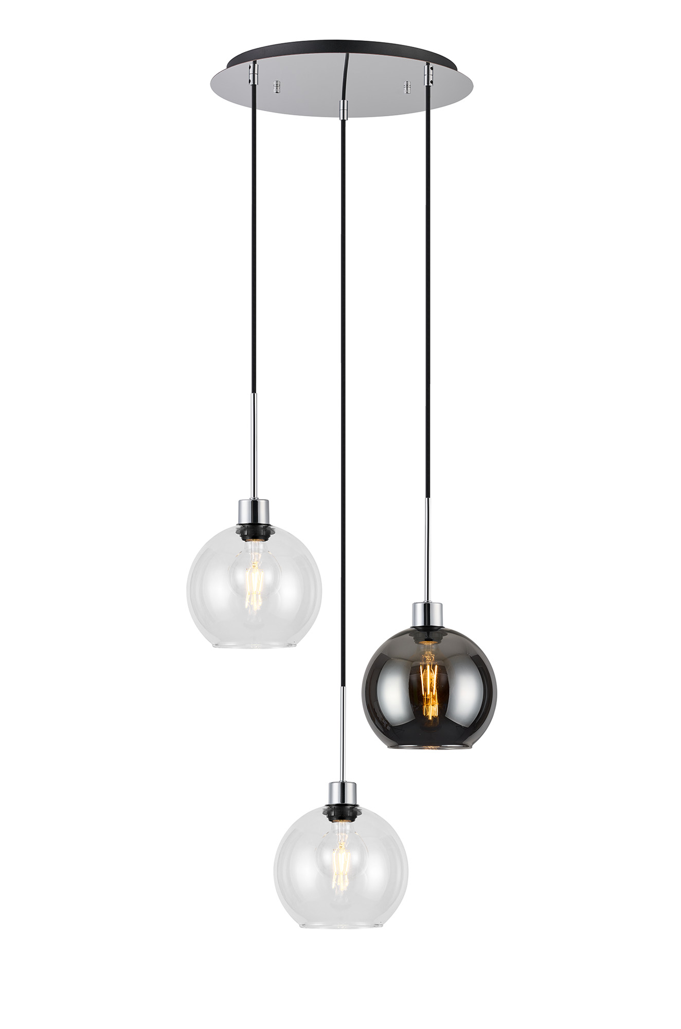 DK1274  Lori 40cm Round Pendant, 3 Light Adjustable E27, Polished Chrome/Clear/Smoke Open Mouth Round Globe Shades